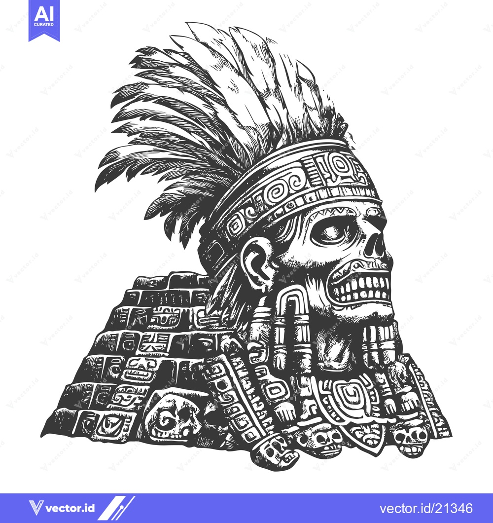 Premium Vector dari Aztec Skull with Feathers and Geometric Patterns