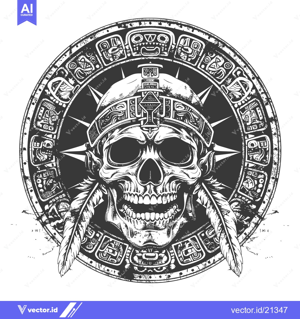 Premium Vector dari Aztec Skull with Feathers and Ornamental Circle