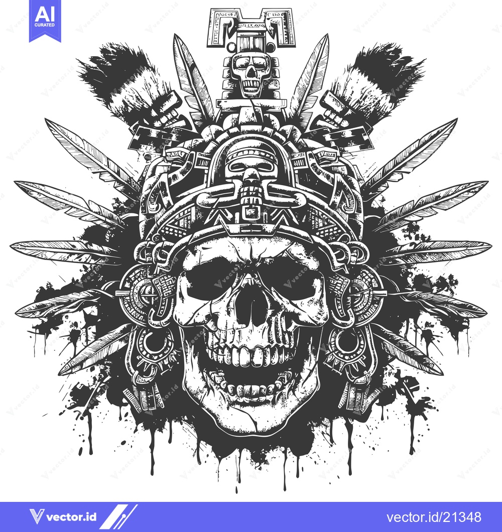 Premium Vector dari Aztec Skull With Feathers and Ornamental Design