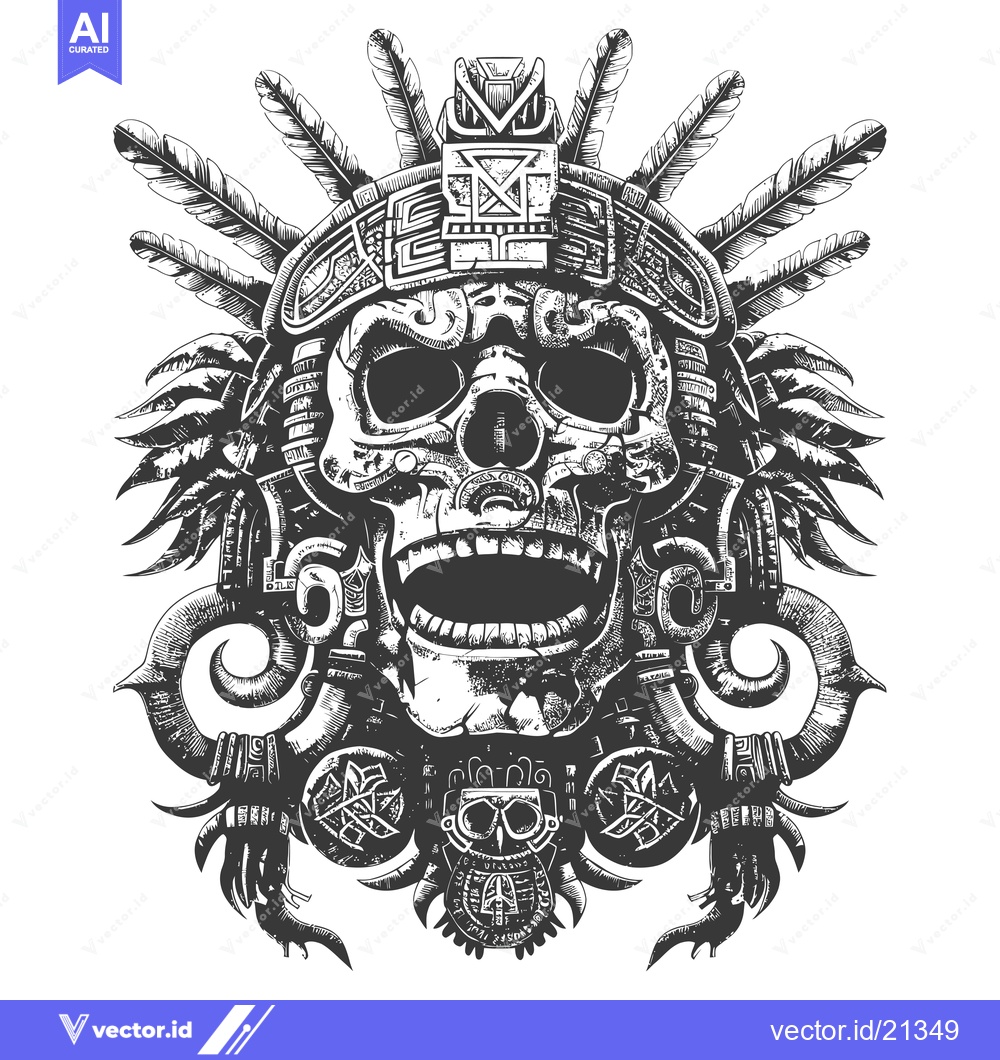 Premium Vector of Aztec Skull with Feathers and Ornate Design