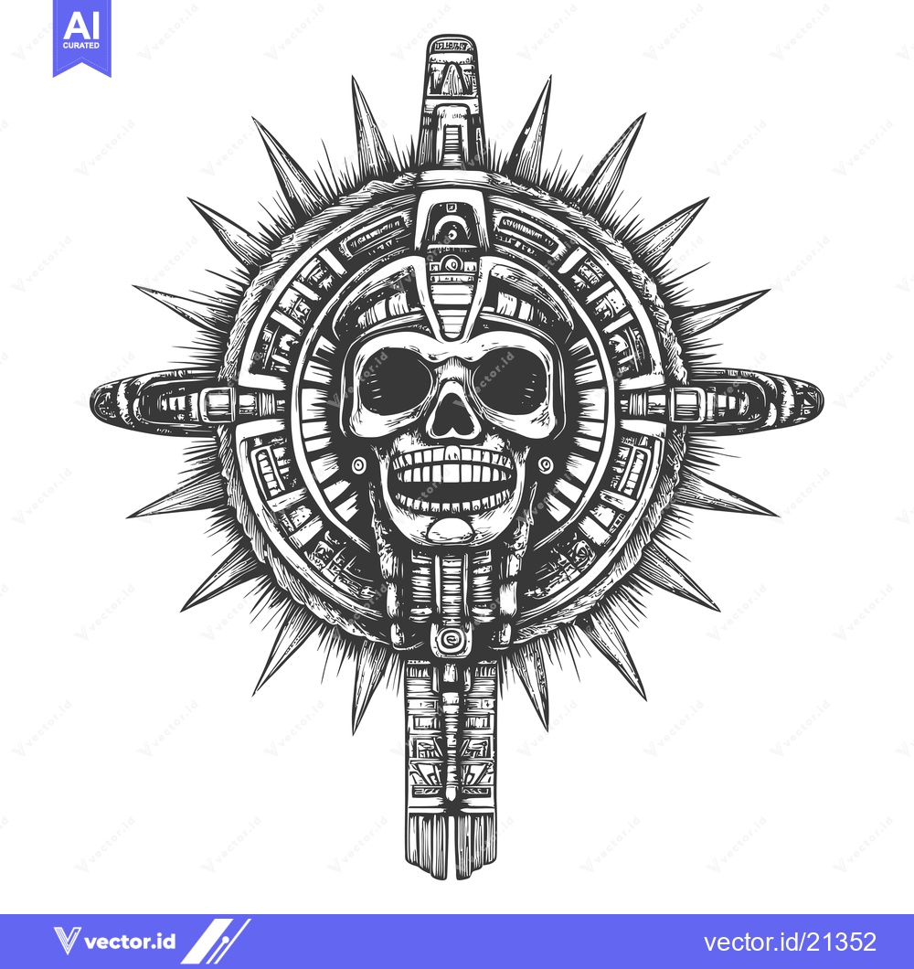 Premium Vector of Aztec Skull with Intricate Designs and Sun Rays