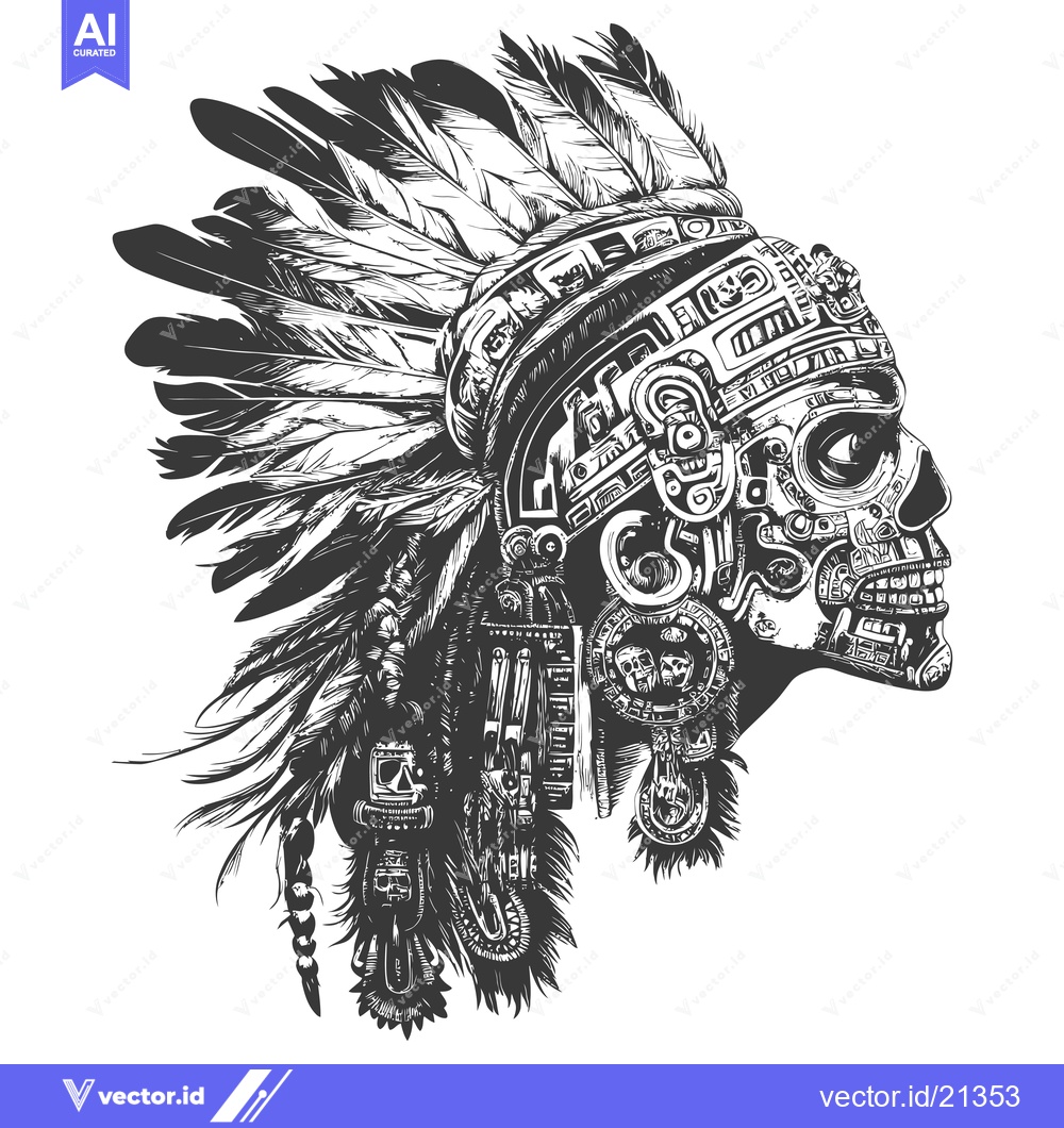 Premium Vector of Aztec Skull With Intricate Feather Headpiece
