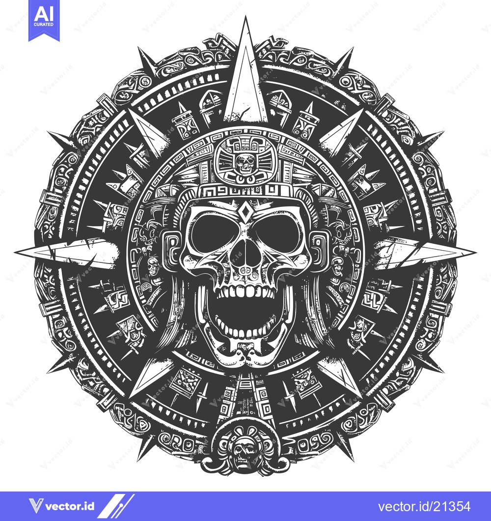 Premium Vector dari Aztec Skull with Intricate Ornamentation and Tribal Designs
