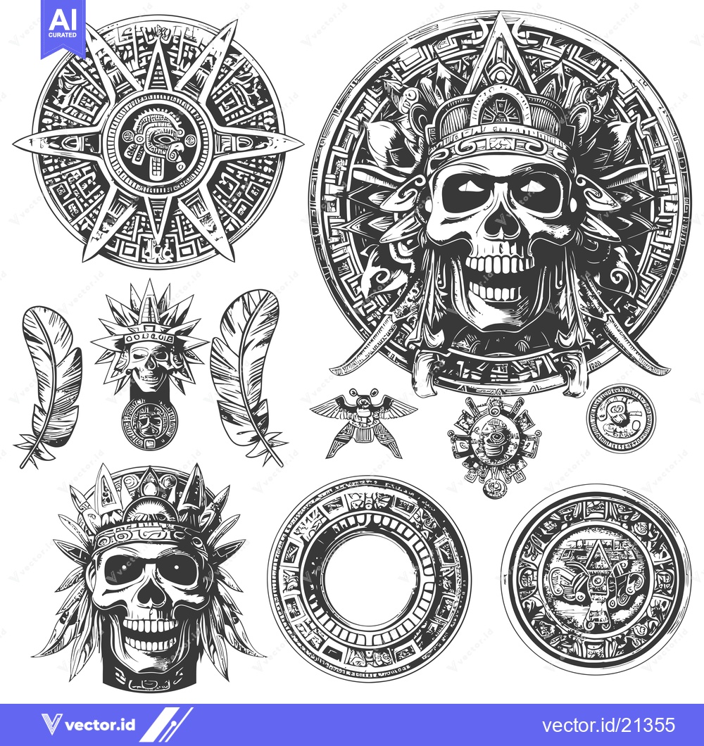 Premium Vector dari Aztec Skull with Ornate Decorations and Feathers