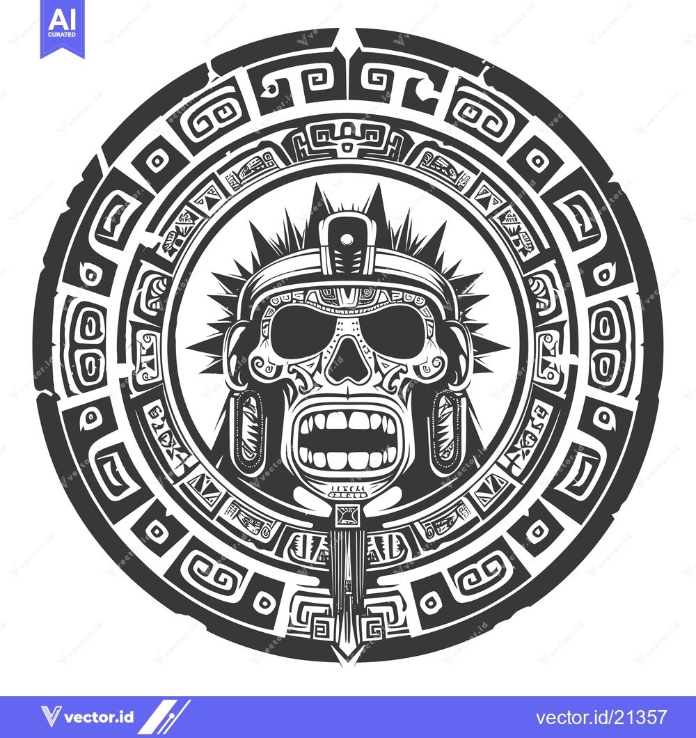 Premium Vector of Aztec Skull with Ornate Headwear and Circular Pattern