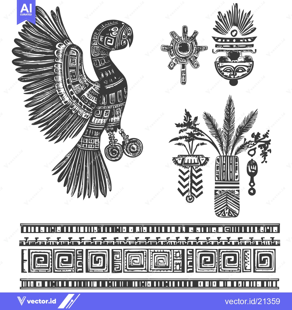 Premium Vector of Aztec Style Bird, Sun, Vase, and Geometric Patterns