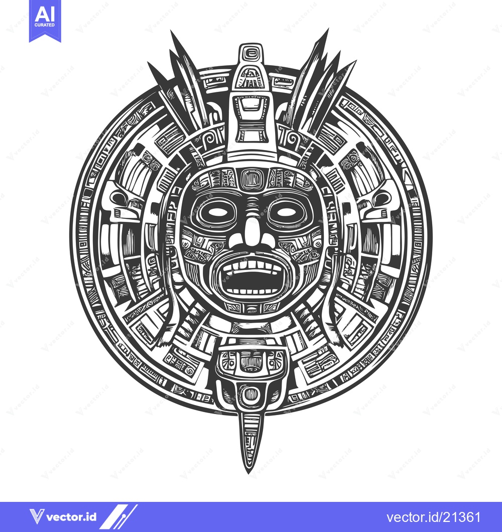 Premium Vector of Aztec-style circular design featuring a stylized human face with an op