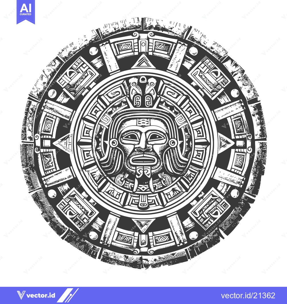 Premium Vector of Aztec-Style Circular Design with a Human Face and Intricate Geometric