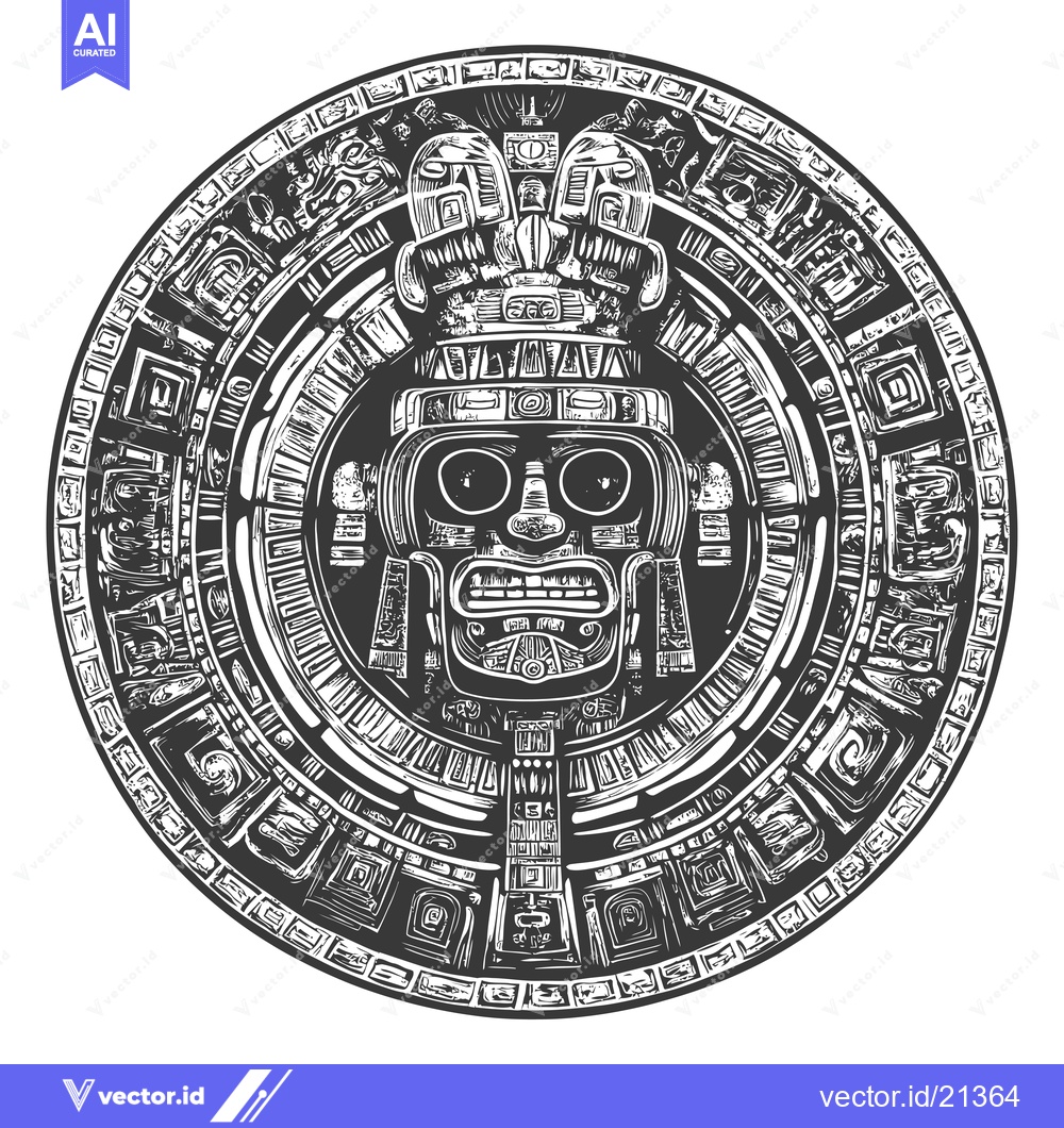 Premium Vector dari Aztec-Style Circular Design with Intricate Motifs and a Central Face