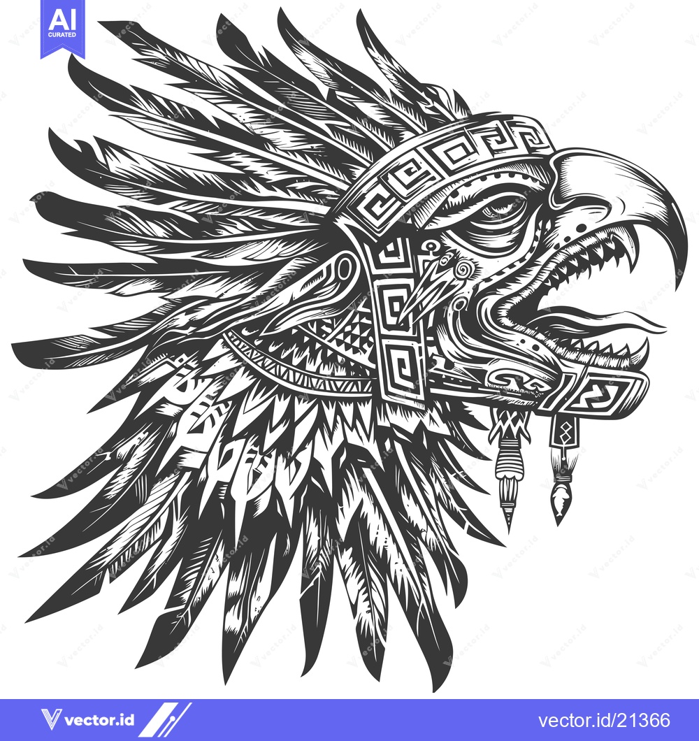 Premium Vector of Aztec-style feathered headdress with a fierce eagle head