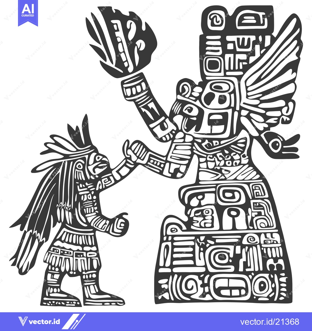 Premium Vector of Aztec Style Illustration of a Figure with Wings Holding a Flame