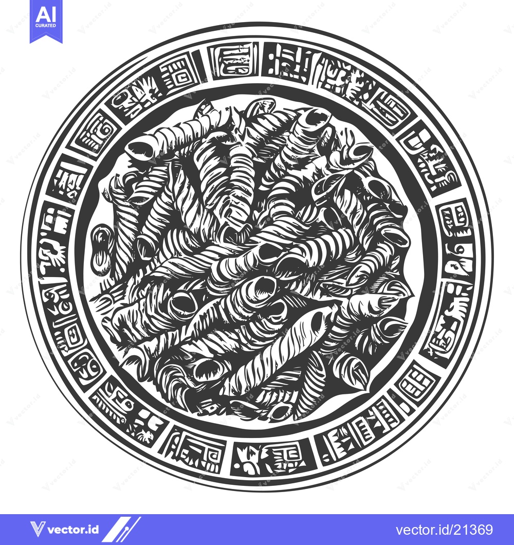 Premium Vector of Aztec-Style Illustration of Pasta in a Plate with Geometric Border