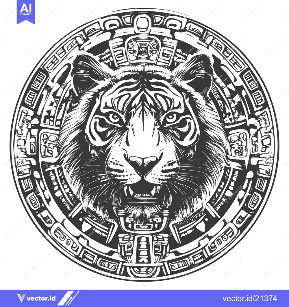 Premium Vector of Aztec-Style Tiger Head Within a Circular Design
