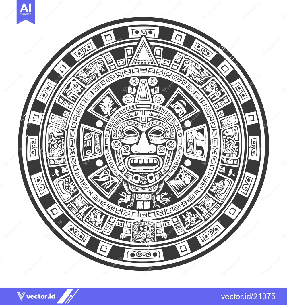 Premium Vector dari Aztec Sun God Calendar with Face Mask and Geometric Patterns