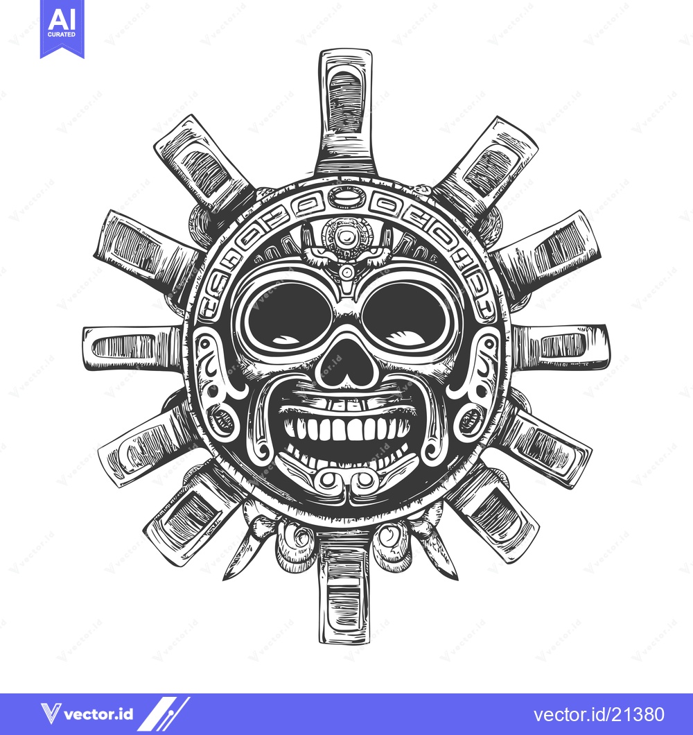 Premium Vector dari Aztec Sun God Mask with Intricate Details and a Grinning Skull