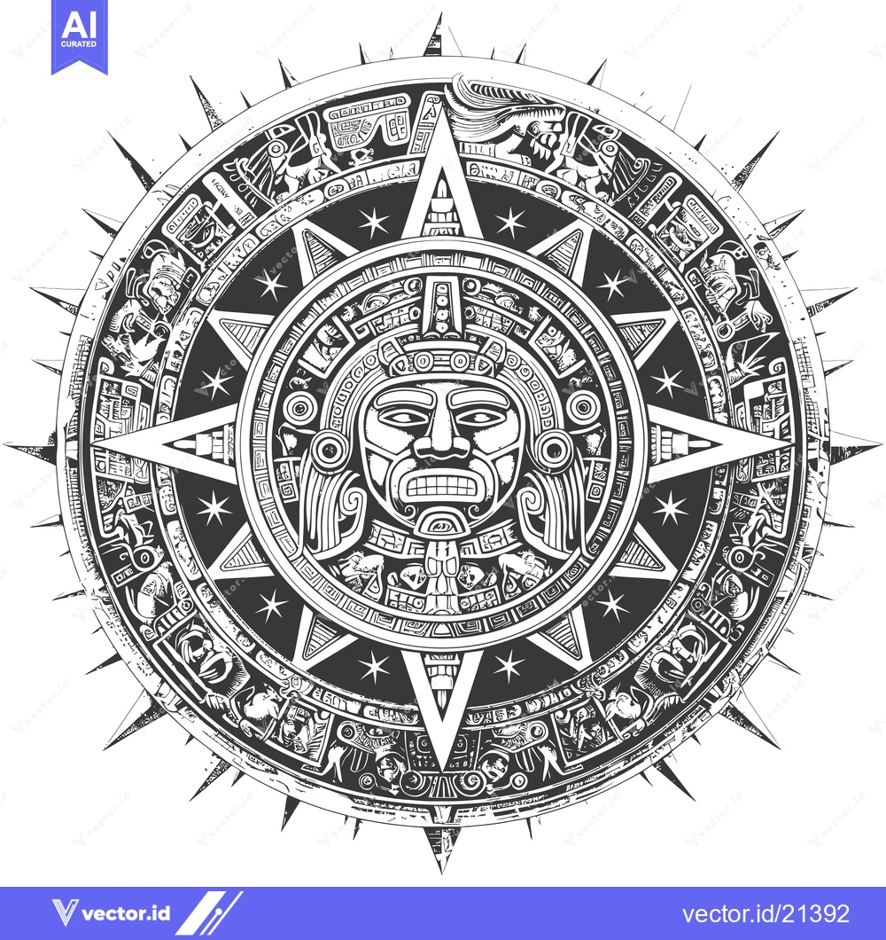 Premium Vector of Aztec Sun God with Intricate Glyphs and Stars