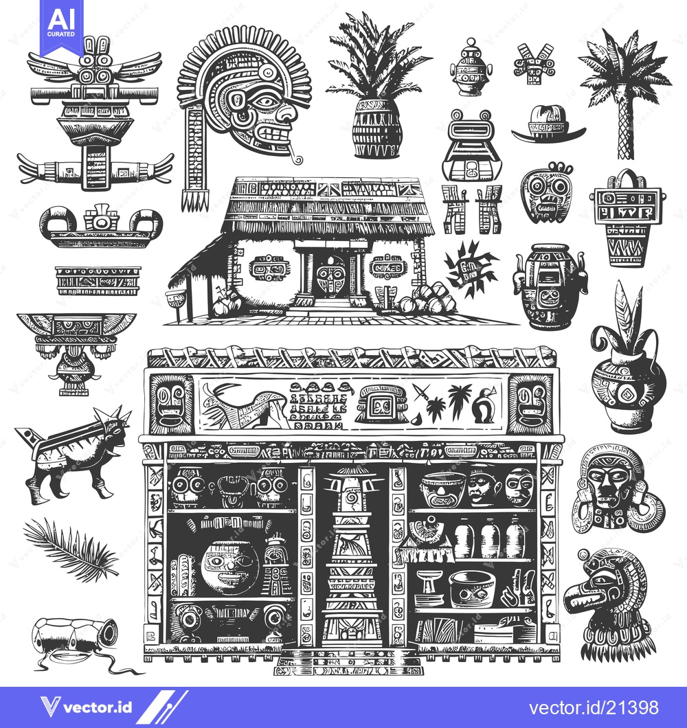 Premium Vector dari Aztec Temple with Relief Sculptures and Artifacts