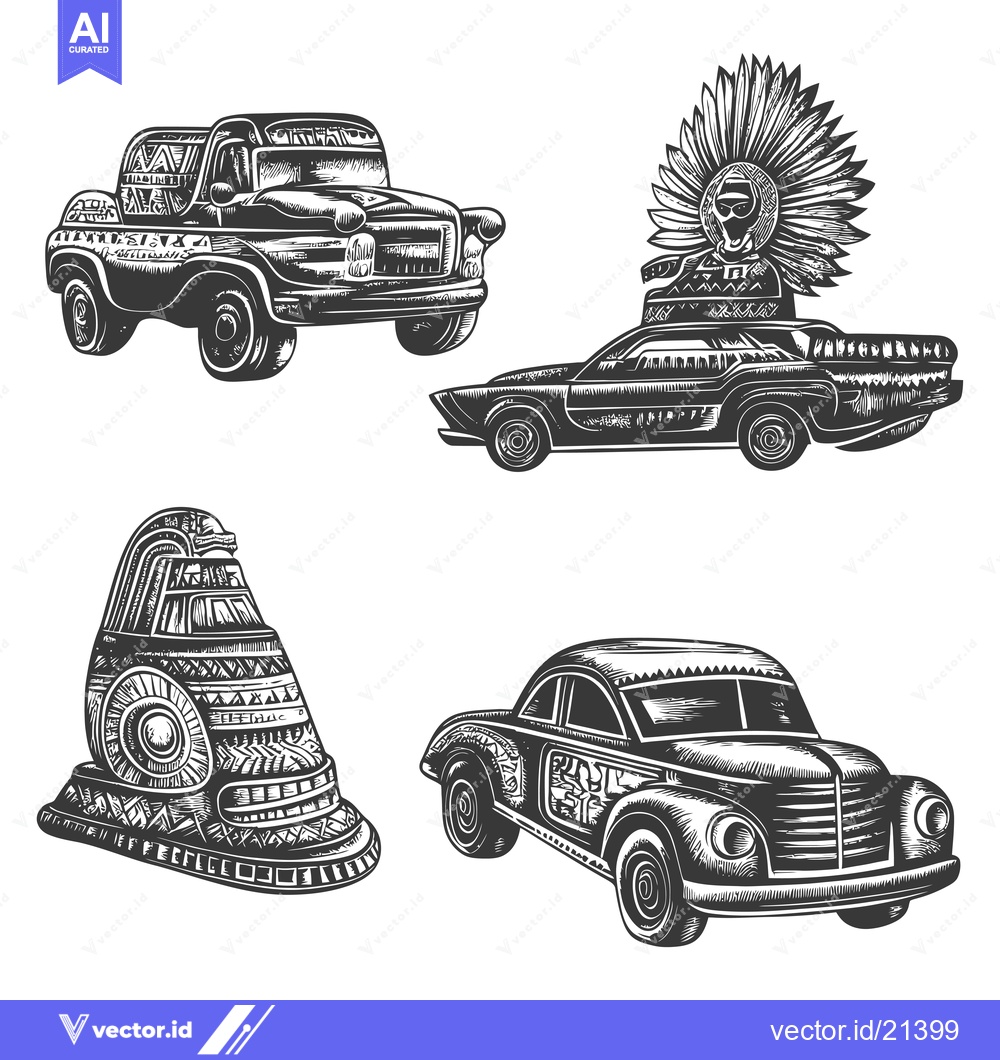 Premium Vector of Aztec-Themed Cars and Masks in Black and White Illustration