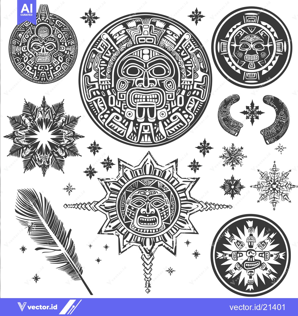 Premium Vector dari Aztec Tribal Designs Featuring Masks, Stars, and Feathers
