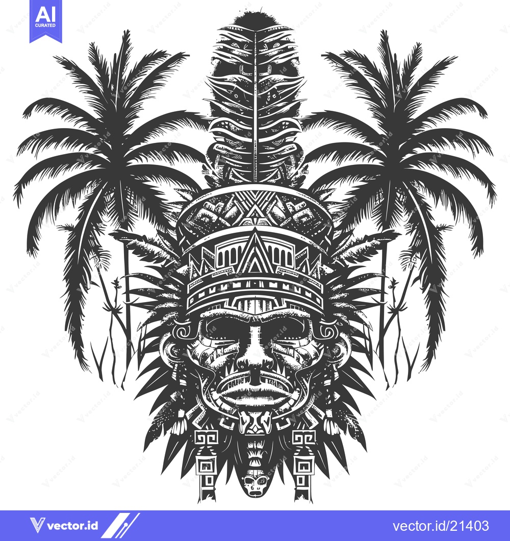 Premium Vector dari Aztec Tribal Mask with Palm Tree Fronds