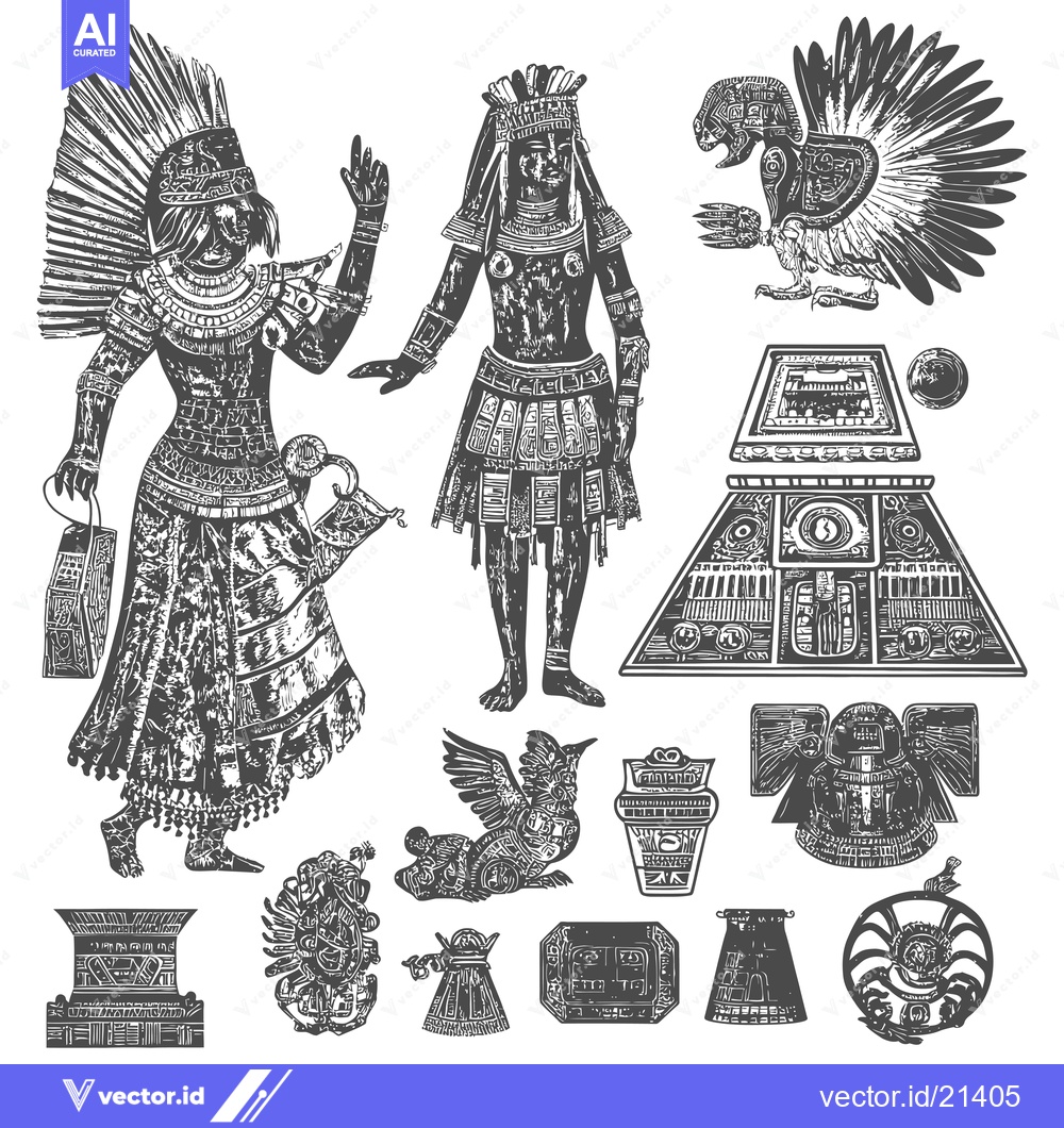 Premium Vector of Aztec Warrior and God Figures in Engraved Style