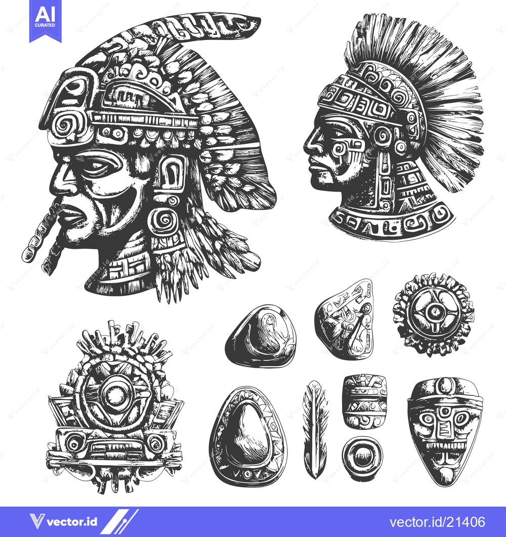 Premium Vector dari Aztec Warrior and Symbols in Black and White Sketch Style