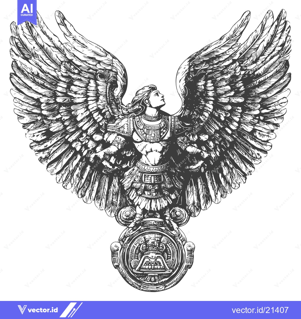 Premium Vector dari Aztec Warrior Angel with Spread Wings and Ornate Symbol