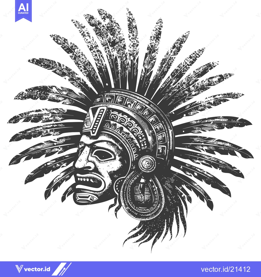 Premium Vector of Aztec Warrior Head with Feather Headdress and Grunge Texture