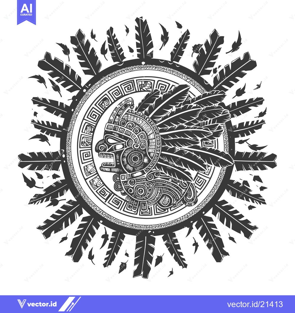 Premium Vector dari Aztec Warrior Head with Feathers and Geometric Patterns