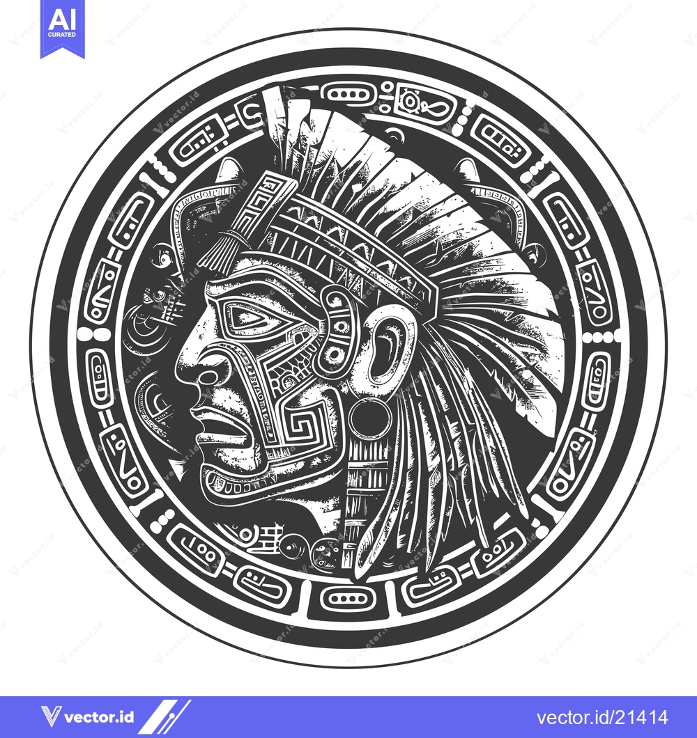 Premium Vector of Aztec Warrior Head with Feathers and Geometric Patterns in a Circle
