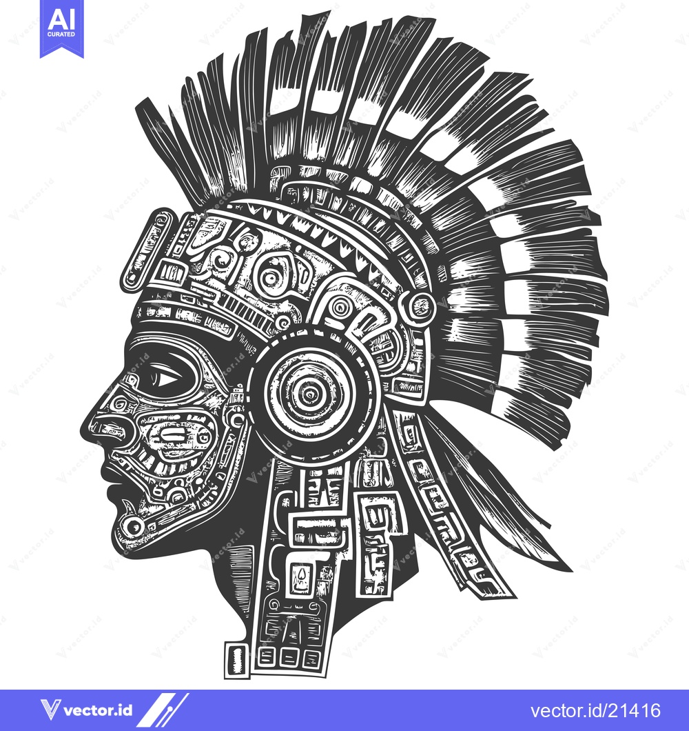 Premium Vector dari Aztec Warrior Head with Intricate Head Dress and Face Design