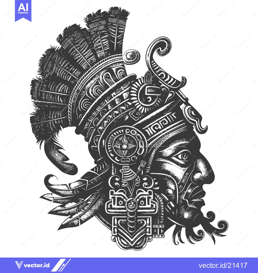 Premium Vector of Aztec Warrior Head with Intricate Headwear and Facial Features