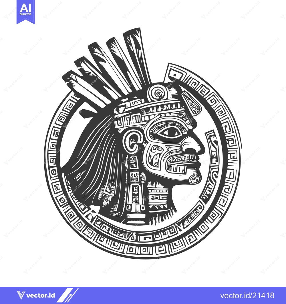 Premium Vector of Aztec Warrior Head with Ornate Headpiece and Geometric Border