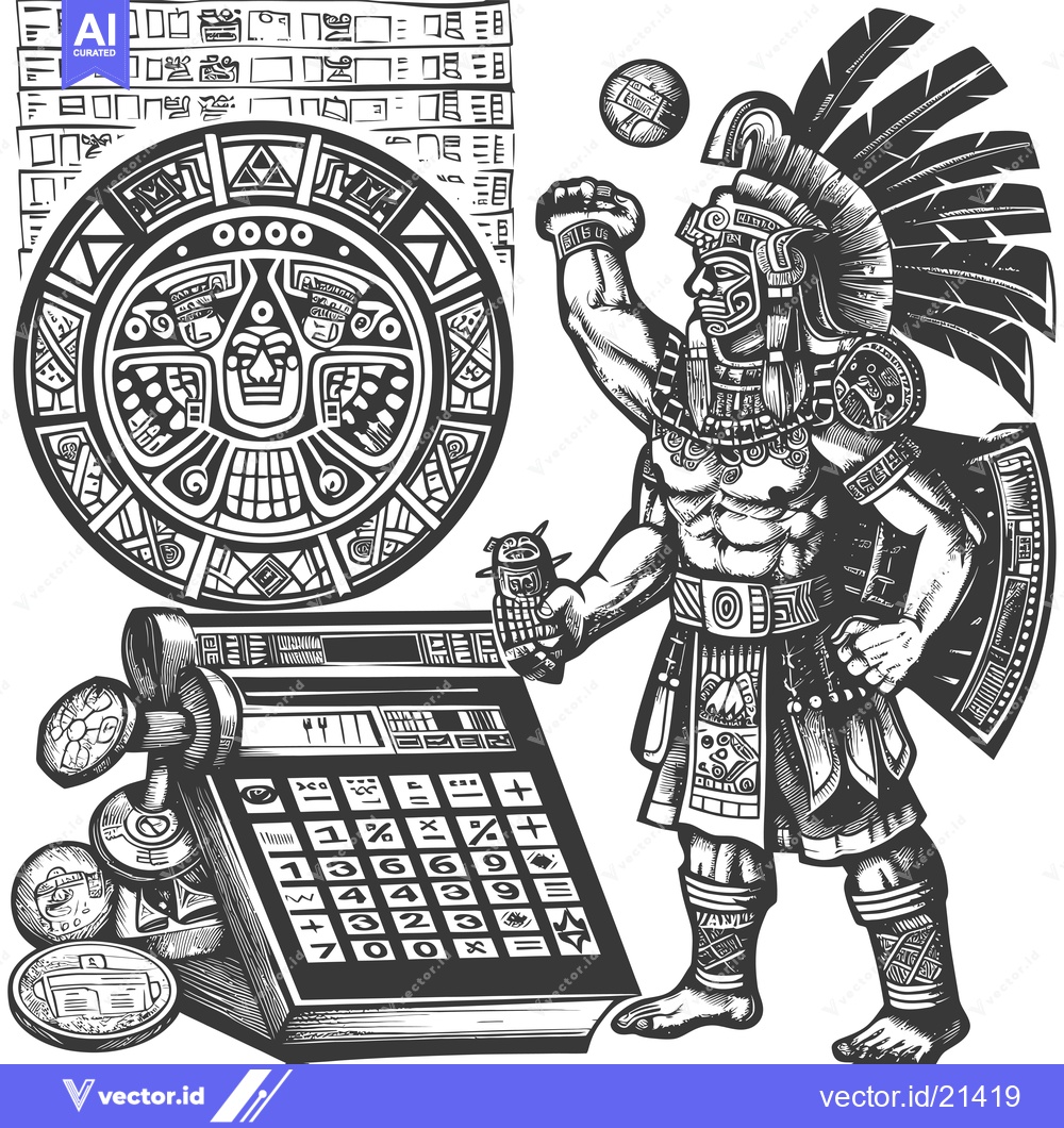 Premium Vector dari Aztec Warrior Holding a Ball and Calculator with Mayan Calendar