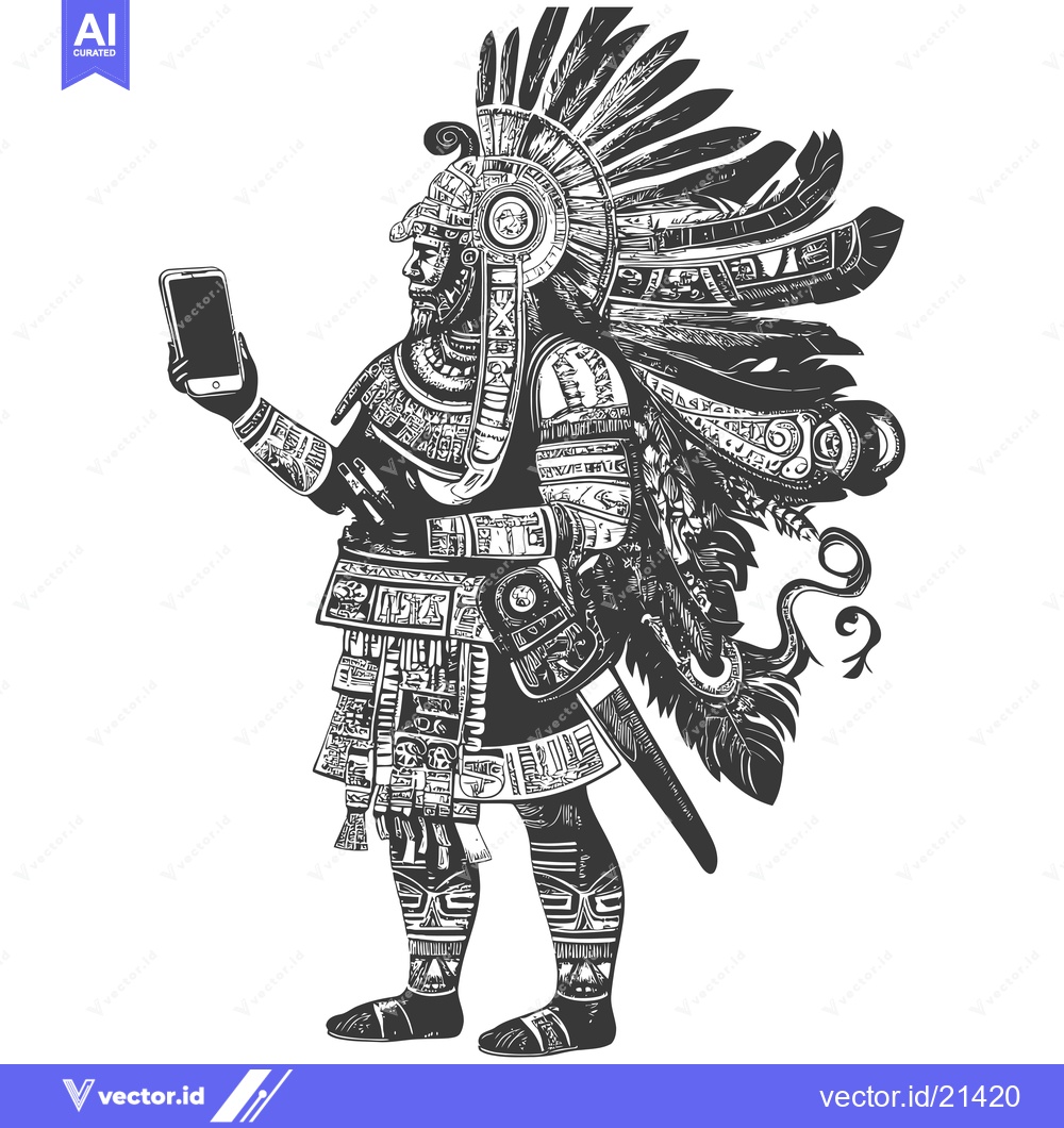 Premium Vector of Aztec Warrior Holding a Smartphone