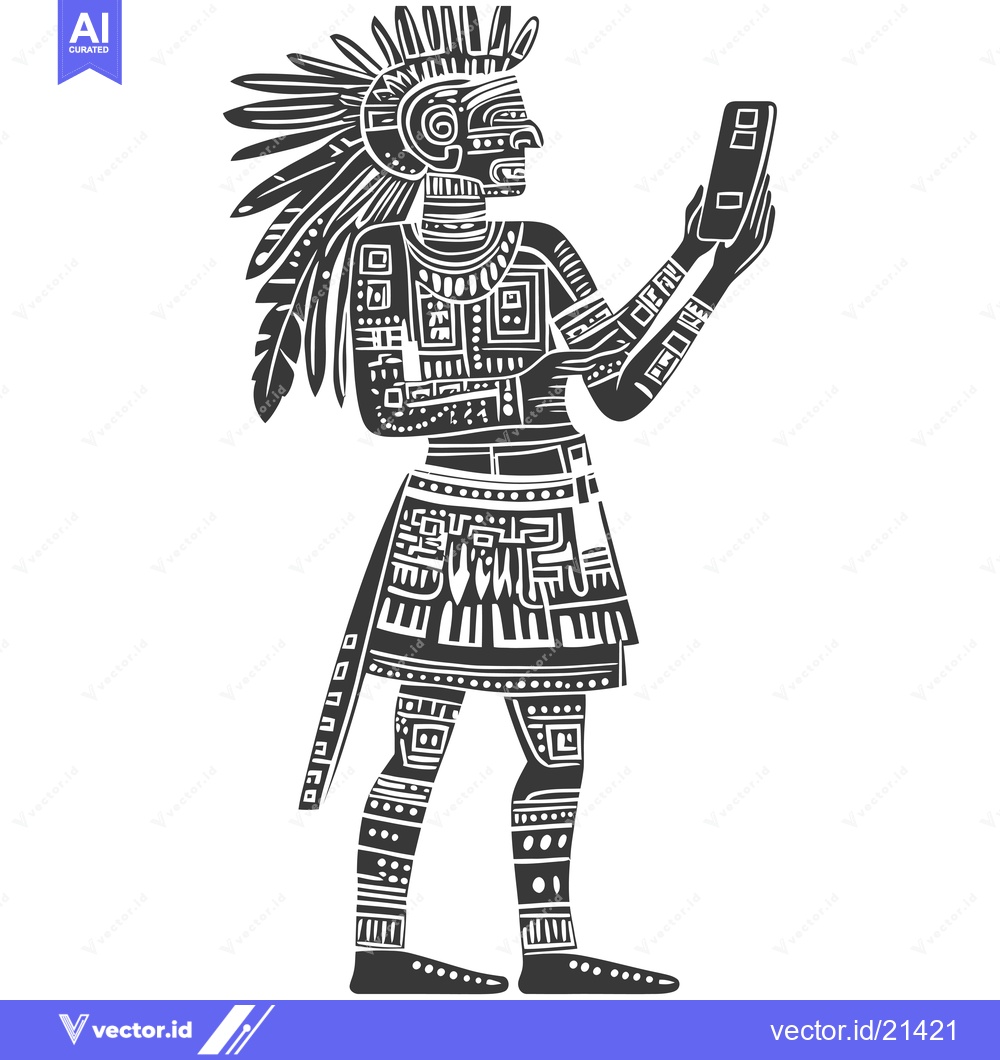 Premium Vector dari Aztec Warrior Holding a Smartphone in a Traditional Outfit