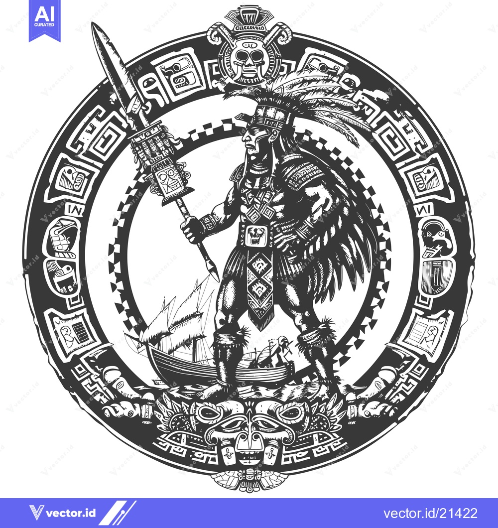 Premium Vector of Aztec Warrior Holding a Spear and Standing in Front of a Ship