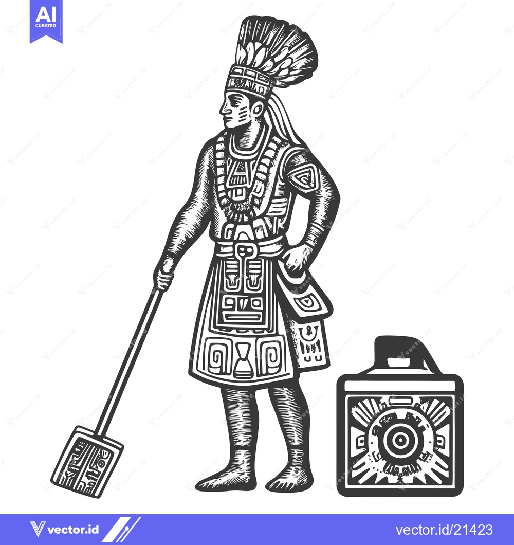 Premium Vector dari Aztec Warrior Holding a Staff and a Shield with a Circular Design