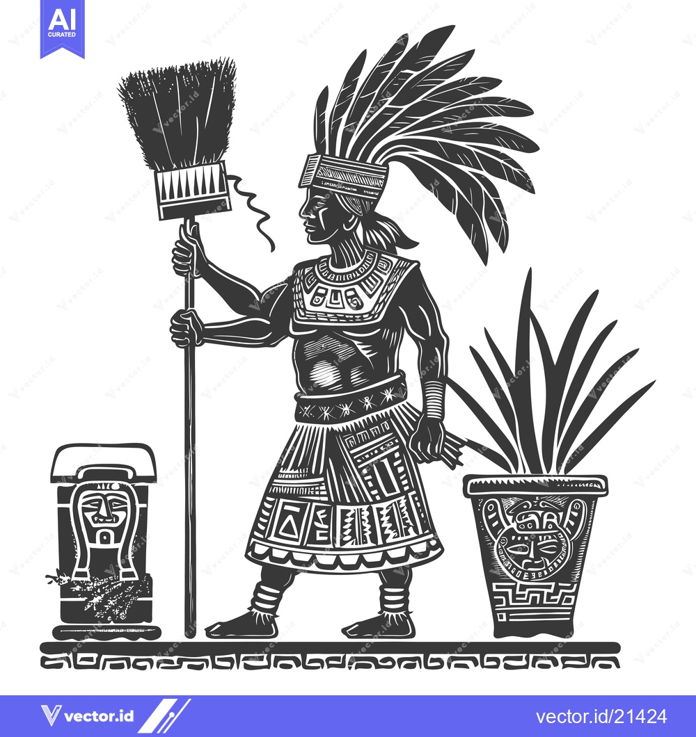Premium Vector dari Aztec Warrior Holding Broom and Standing in Front of a Potted Plant