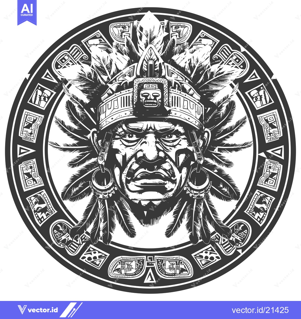 Premium Vector dari Aztec Warrior in a Feathered Headdress and Ornate Circle