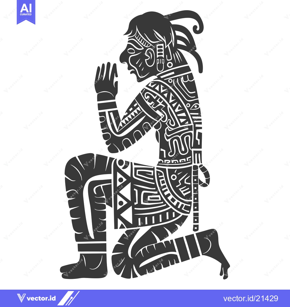 Premium Vector dari Aztec Warrior Kneeling in Prayer with Intricate Geometric Patterns