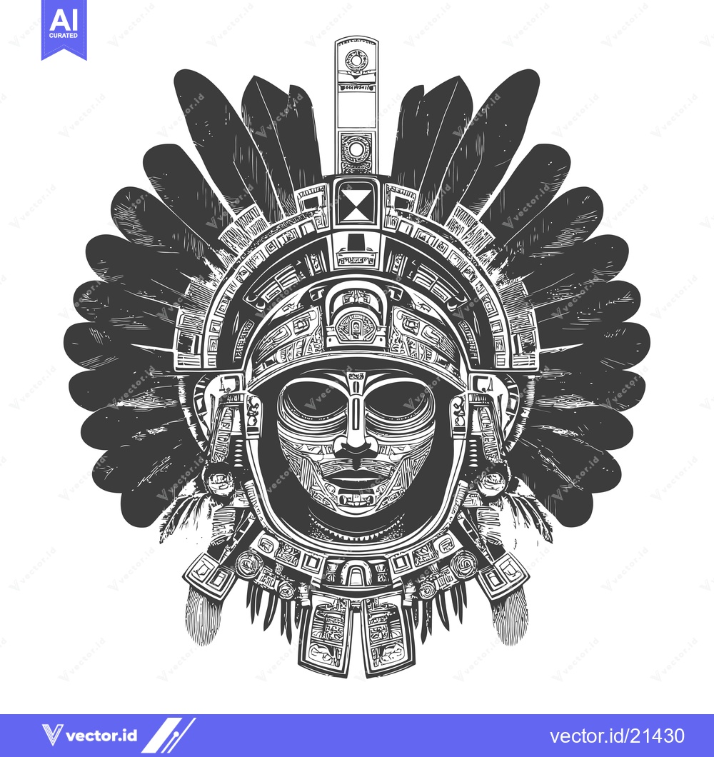 Premium Vector dari Aztec Warrior Mask with Feather Headdress
