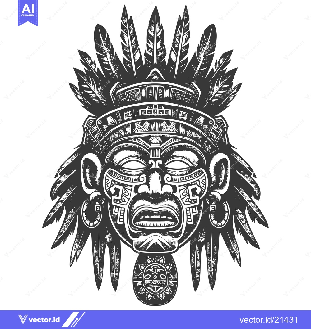 Premium Vector dari Aztec Warrior Mask with Feathers and Geometric Designs
