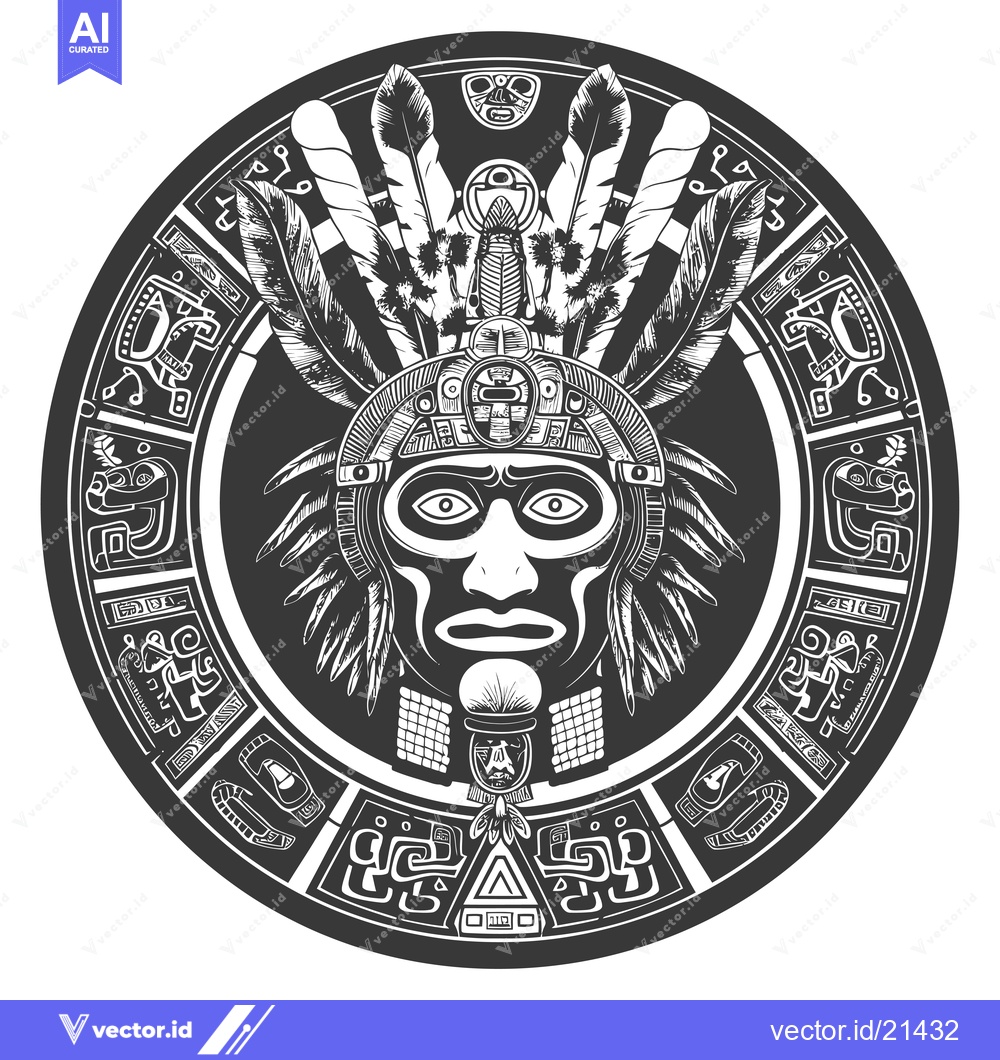 Premium Vector dari Aztec Warrior Mask with Feathers and Glyphs in a Circular Frame