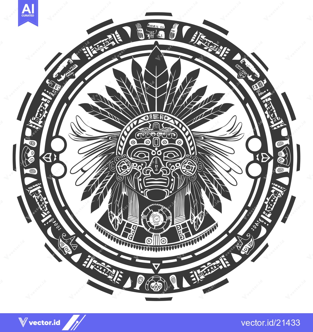 Premium Vector of Aztec Warrior Mask with Ornate Feather Headdress and Geometric Border