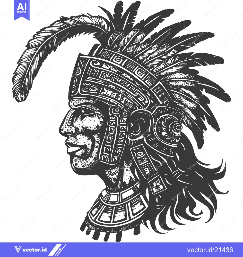 Premium Vector of Aztec Warrior Profile with Elaborate Headdress and Feathers