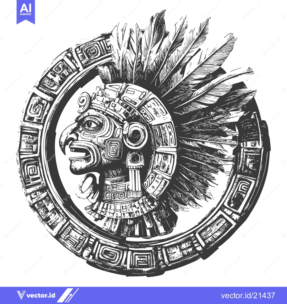 Premium Vector dari Aztec Warrior Profile with Feathered Headdress and Geometric Frame