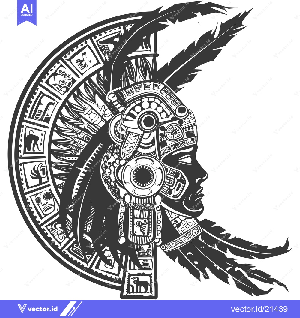 Premium Vector dari Aztec Warrior Profile with Feathers and Calendar