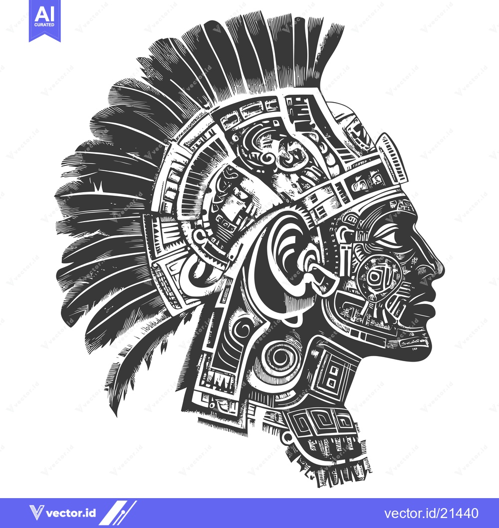 Premium Vector dari Aztec Warrior Profile with Feathers and Geometric Design