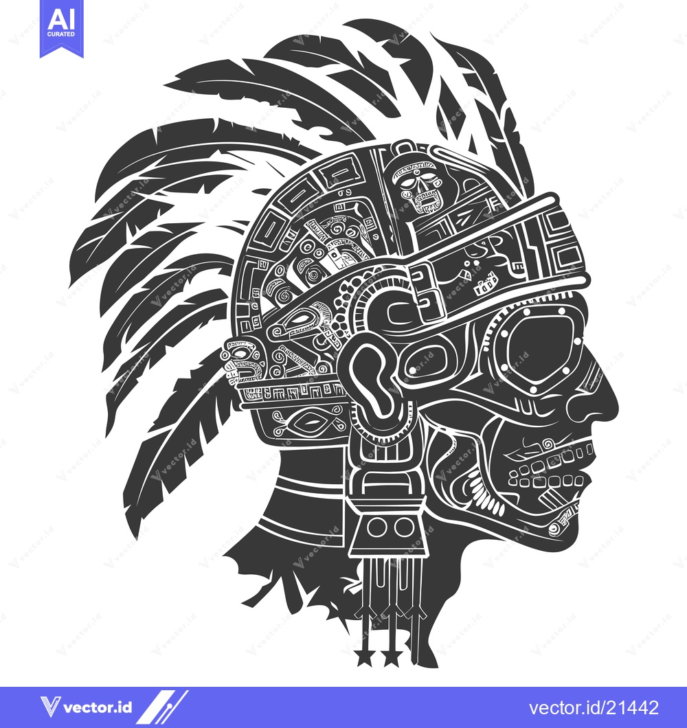 Premium Vector dari Aztec Warrior Profile with Intricate Feather Headress
